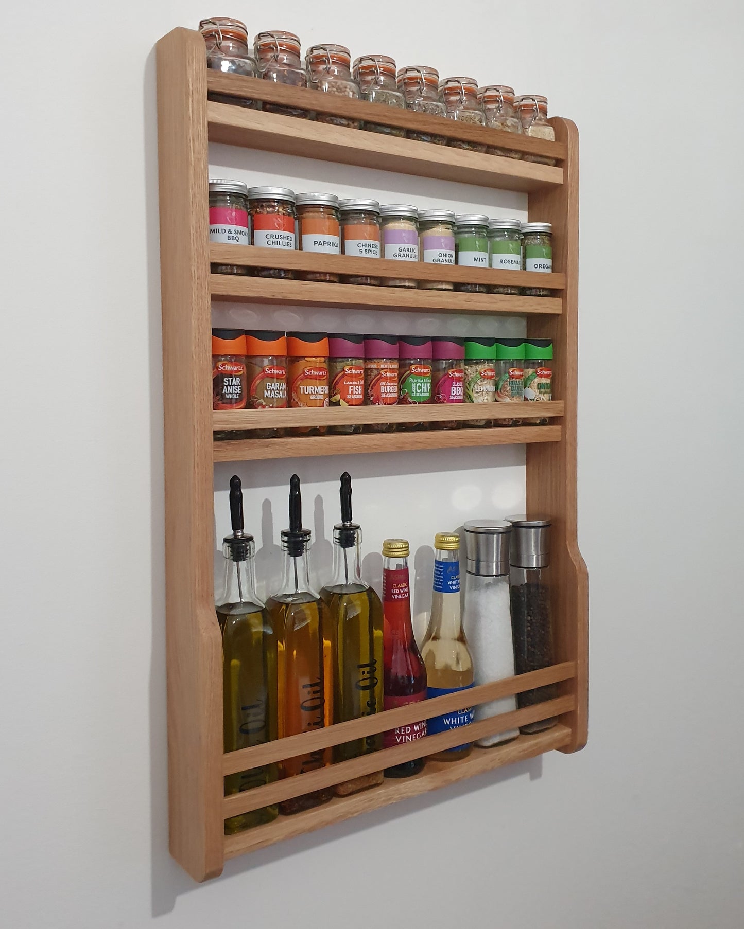 Solid Oak Oil & Spice Rack with Bar Rails